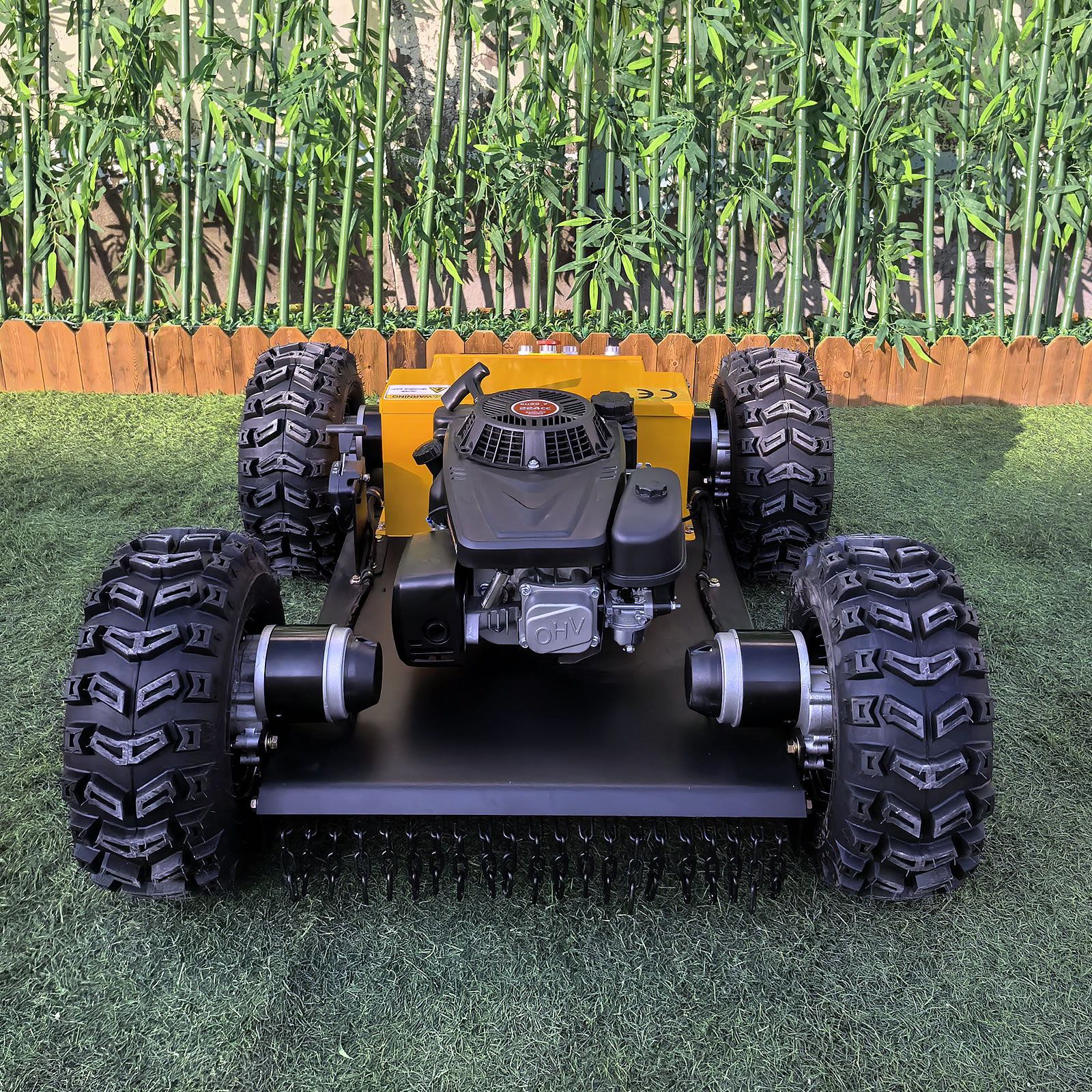 Yellow remote wheeled mower (VTW550-90) with brakes and vacuum tyres - Image 3