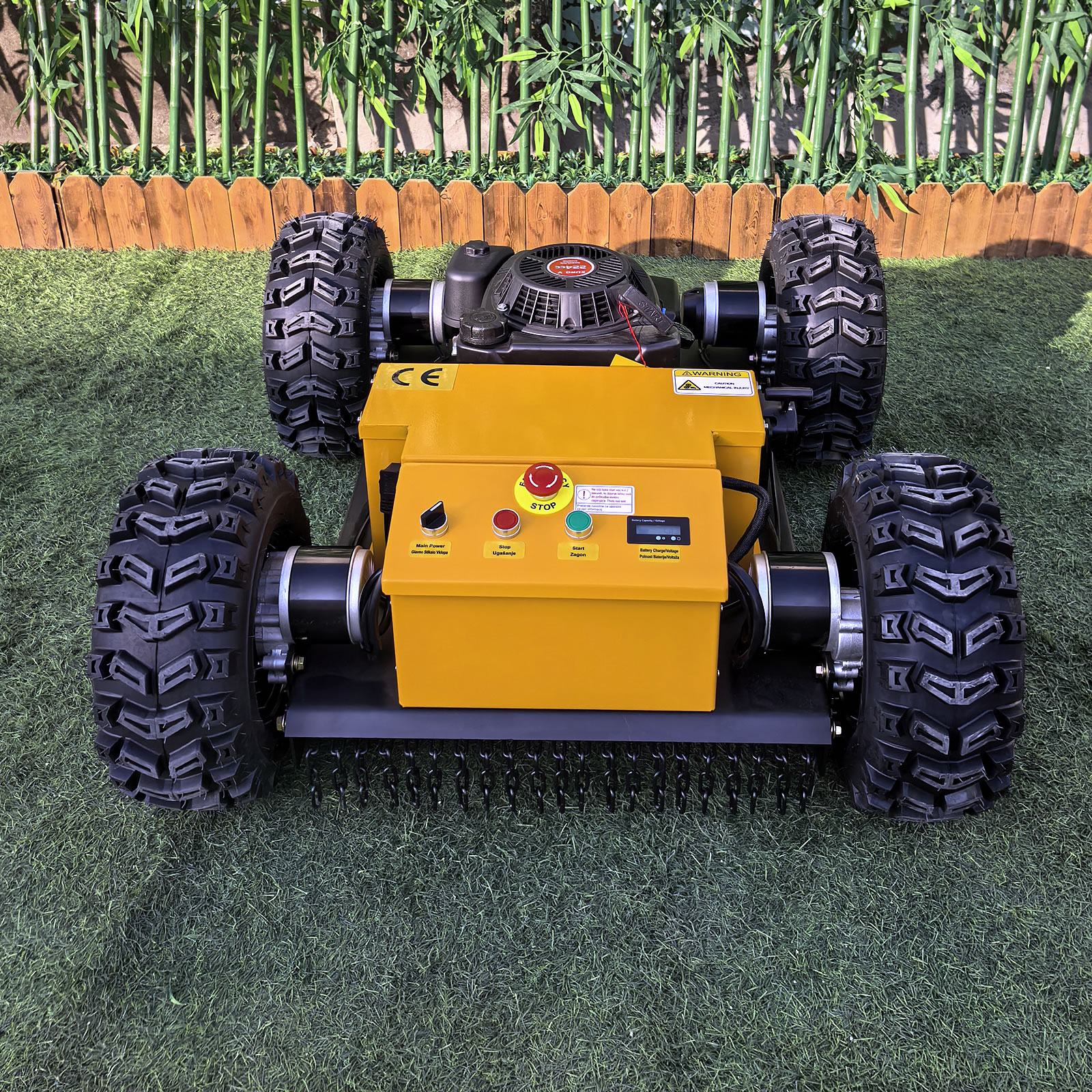 Yellow remote wheeled mower (VTW550-90) with brakes and vacuum tyres - Image 6